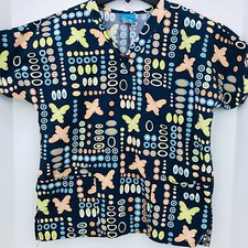 Scrub HQ Size Small Blue Butterflies Circles Scrub Top Medical Nurse Veterinary