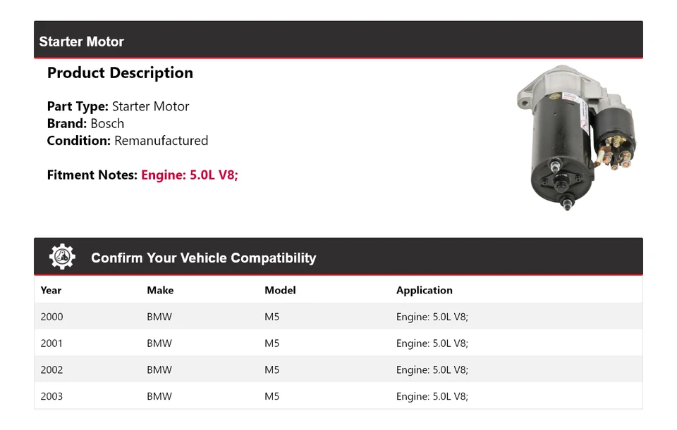 Arranque Bosch BMW M5 2000-2003 5,0 L V8 (Remanufacturado) 2001 2002 Foto 2 de 4