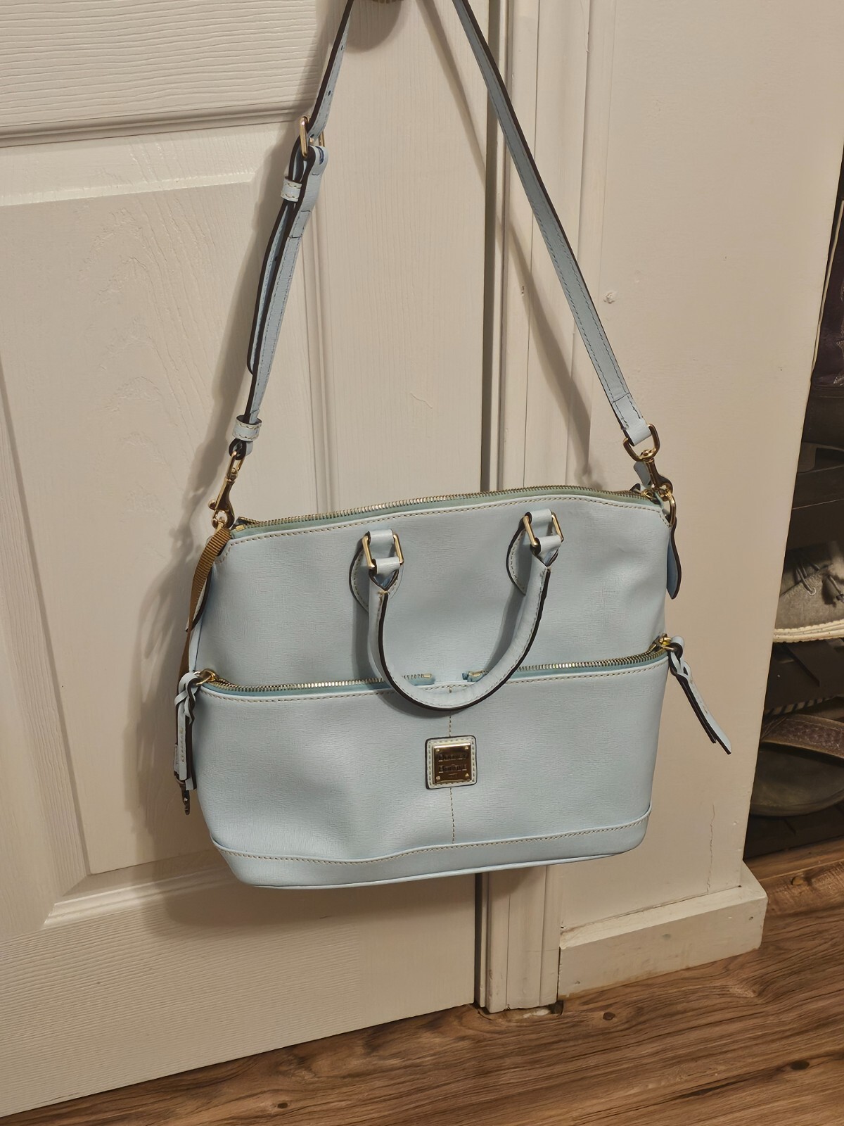 Dooney & Bourke Dillen Double Pocket Satchel Beige Leather Shoulder Handbag
