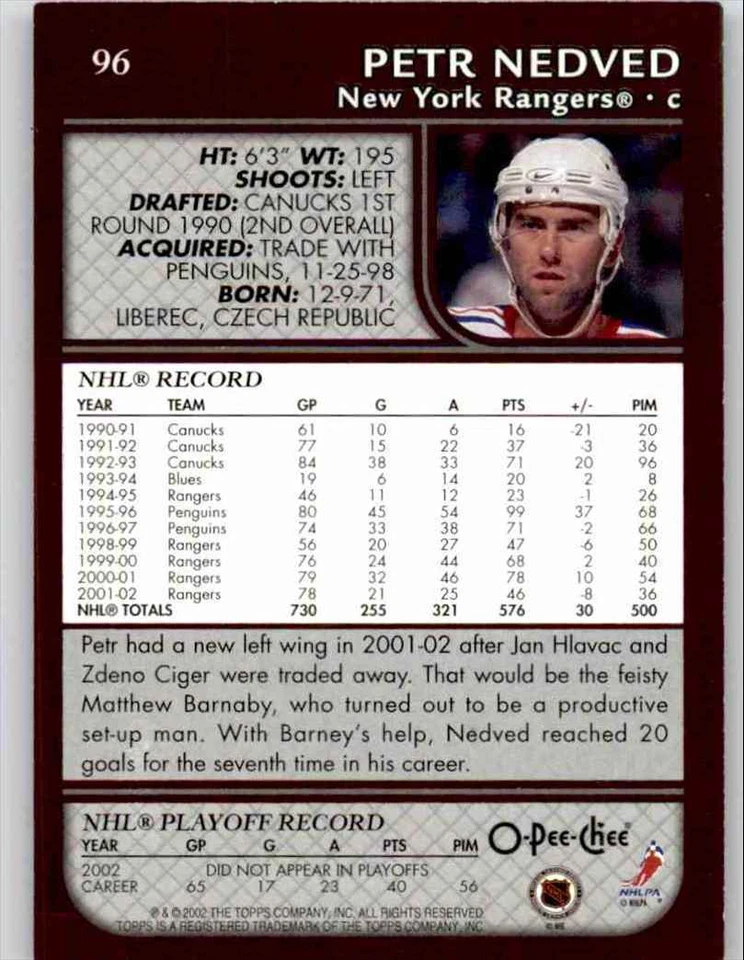 2002-03 O-Pee-Chee Petr Nedved #96 - Image 2 of 2