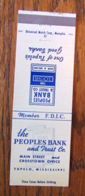 TUPELO, MISSISSIPPI MATCHBOOK COVER: PEOPLES BANK & TRUST CO. 1960s MATCHCOVER D
