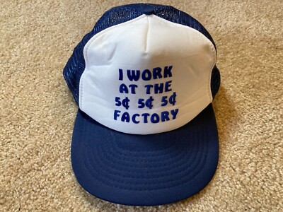 I Work at the 5¢ Factory Speedway Mens Baseball Cap Hat One Size Blue Snapback