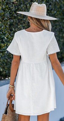 Cupshe Women's White Cotton Mini Dress Tassel Tie Slimming Design LARGE  NEW - Main Image