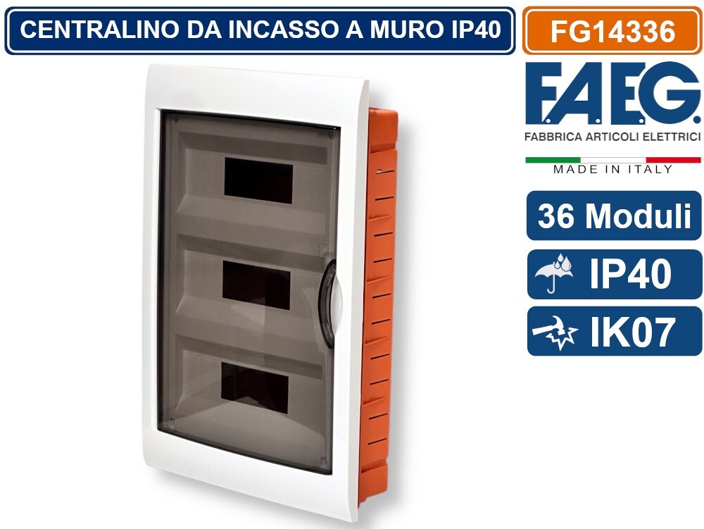 CENTRALINO DA INCASSO 36 MODULI CON CORNICE BIANCA E PORTELLO FUMÈ IP40 FAEG