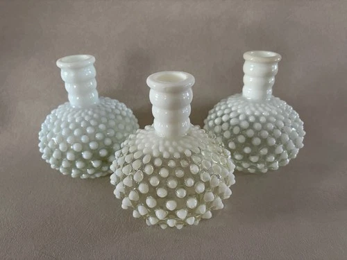 Set Of 3 Fenton Vintage Opalescent Hobnail Milk Glass bud vases