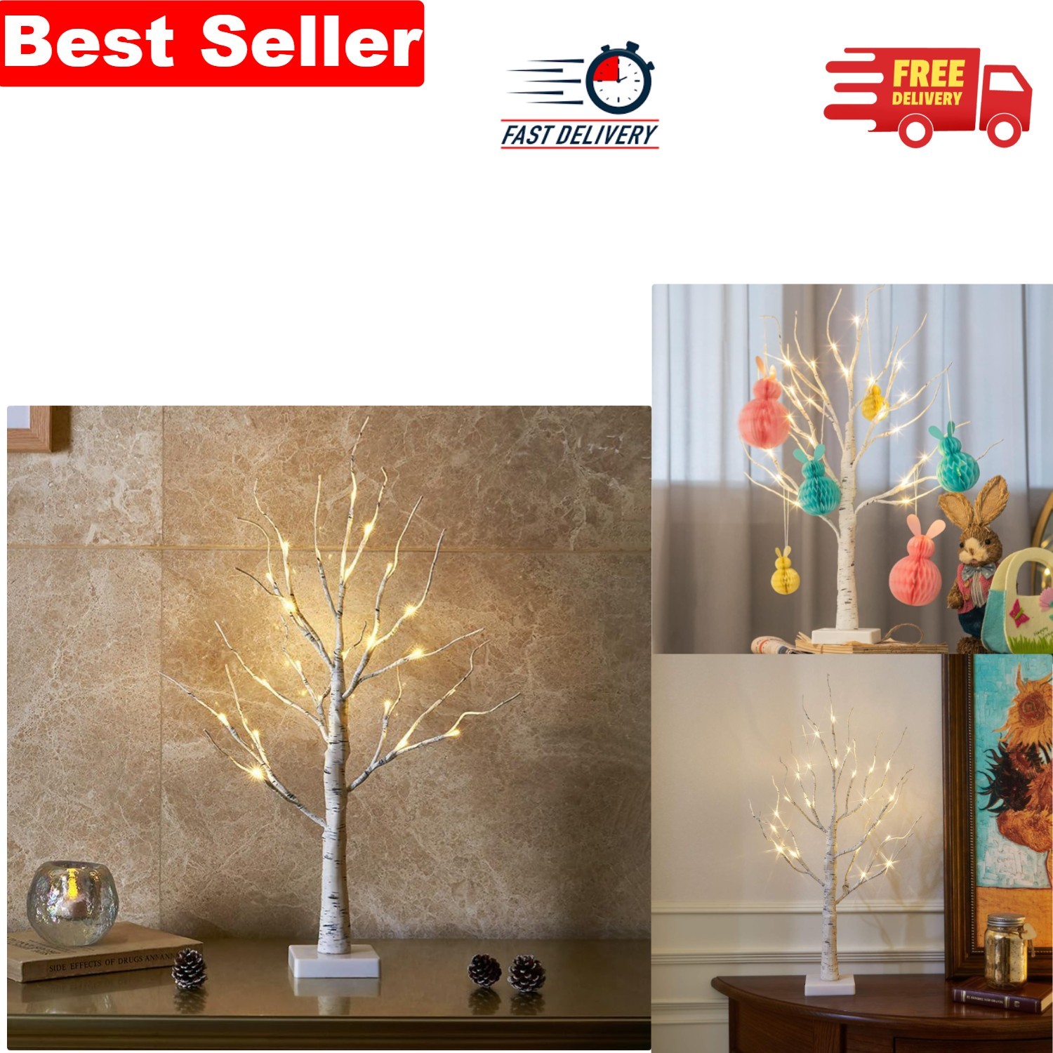Pre-Lit 2ft Birch Tree Ornament with Bendable Branches for Customizable Decor