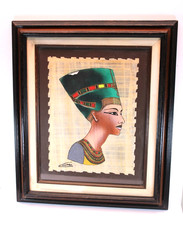 Vtg Handpainted Egyptian Papyrus Queen Nefertiti by Medhat Hassan 16”Lx19”H Sign
