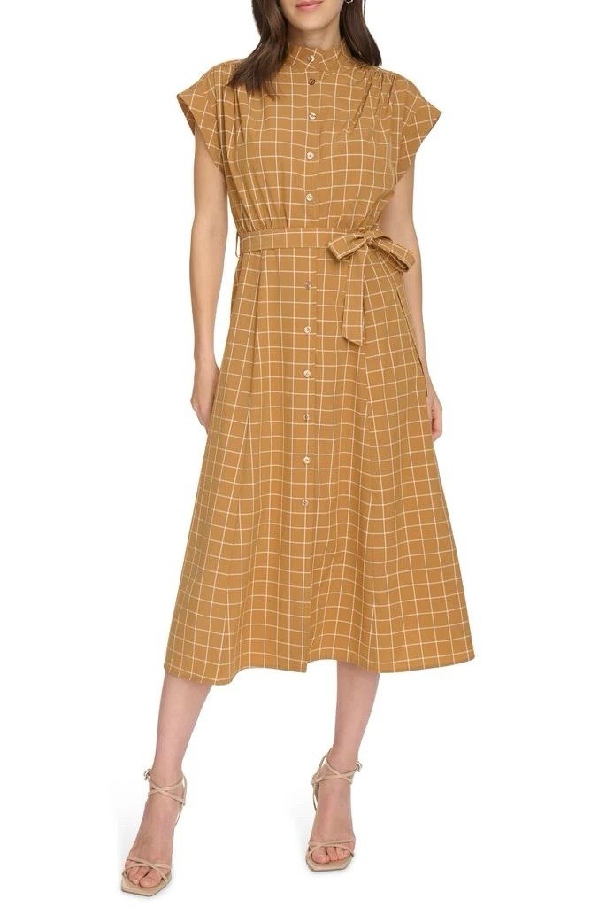 Calvin Klein Tan Plaid Button Down Midi Dress Size 8