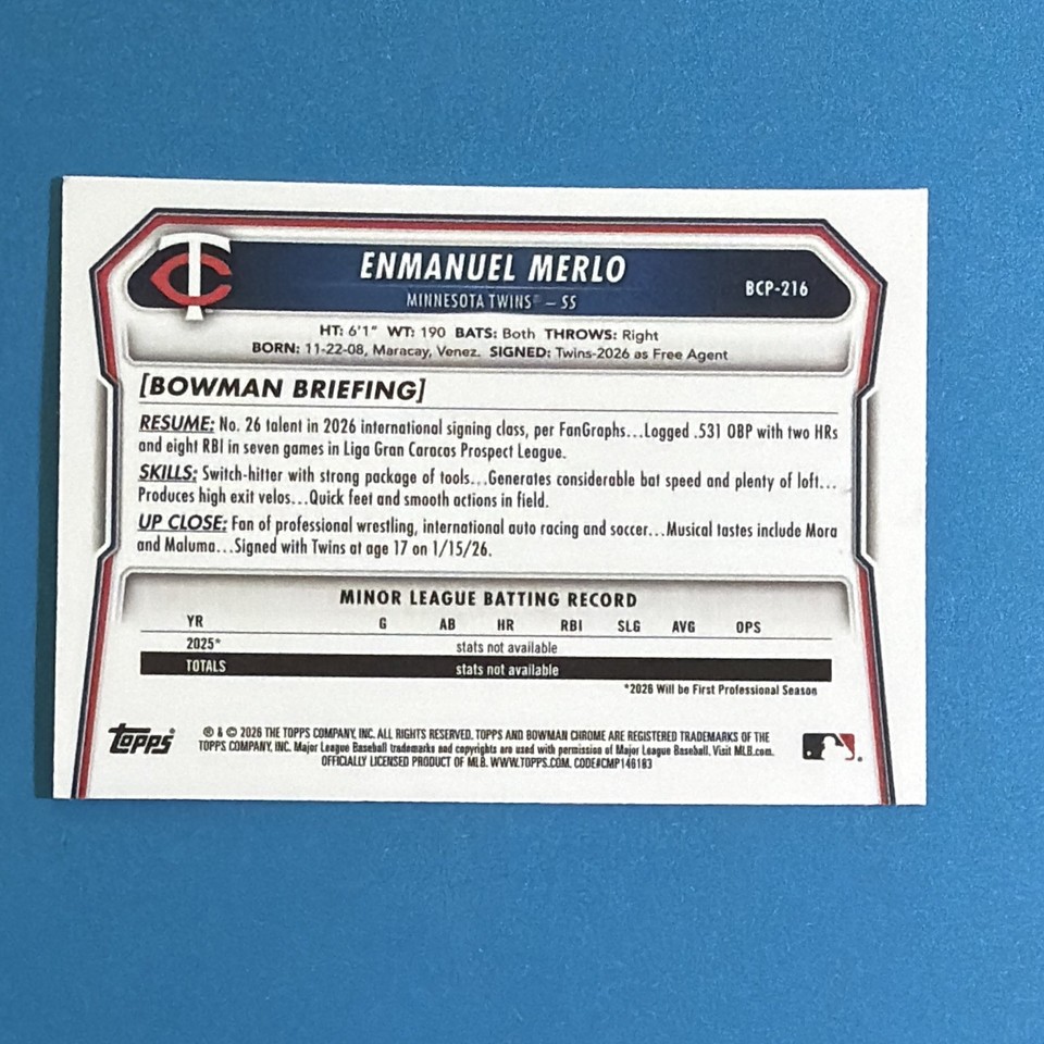 2026 Bowman Chrome 1st Bowman Prospect Enmanuel Merlo BCP-216 Mojo ...
