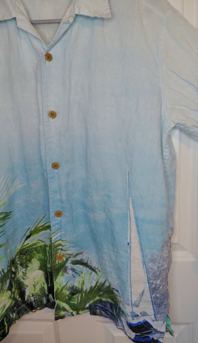 Tommy Bahama Paddle Board Island Linen Camp Shirt Medium Blue Tropical Coastal