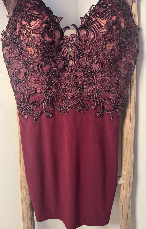 Faviana cherry red Cocktail Dress Chiffon lace mesh formal HOCO Prom V-Neck 00  - Image 4 of 4