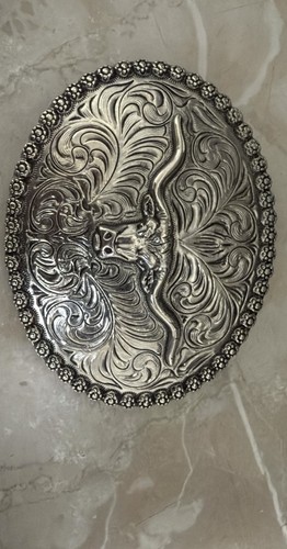 Western Silver Bull Floral Men's Oval Belt Buckle Cowboy Metal Longhorn Design