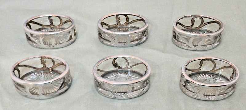 Six Glass Open Salt Cellars w/ Pure Silver Overlay