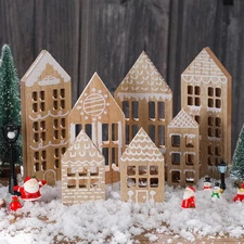 7 Pcs Wooden Christmas Houses Sets Gingerbread House Decor Xmas Village Set W...