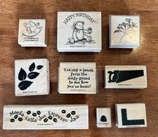 Stampin Up LOT 9 VTG Wooden Rubber Stamps Tool Time Birthday Bear Coffee Flower