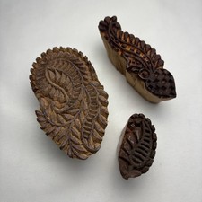 3 Vintage Hand Carved Wooden Textile Printing Fabric Block Stamps Floral Paisley