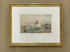 Antico quadro acquerello scena di caccia con cornice in legno dorato 