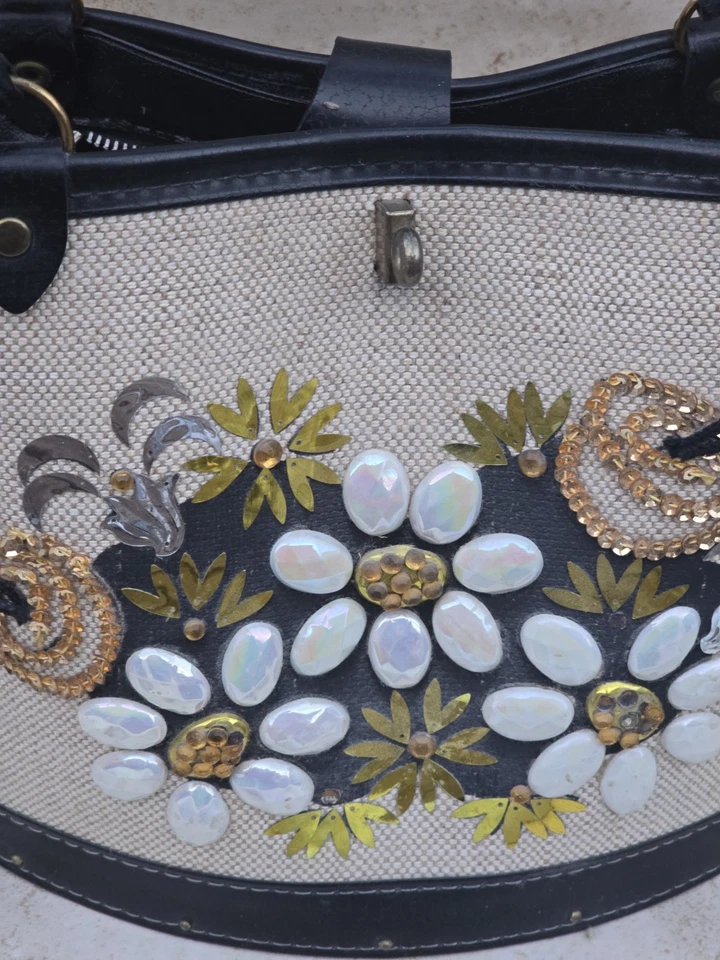 Enid Collins винтажный блестящий блестки цветок вышивка на холсте сумка - деревянное основание - Изображение 2 из 4