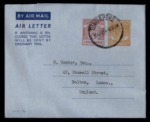 MayfairStamps Singapore 1954 Compound to Bolton Lancs. England Used Aerogramme a