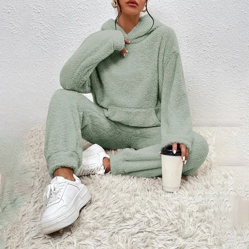 Damen Freizeit Winter Warm Kapuze Damen Pyjama Sets Fleece Flauschig Nachtwäsche - Bild 5 von 23
