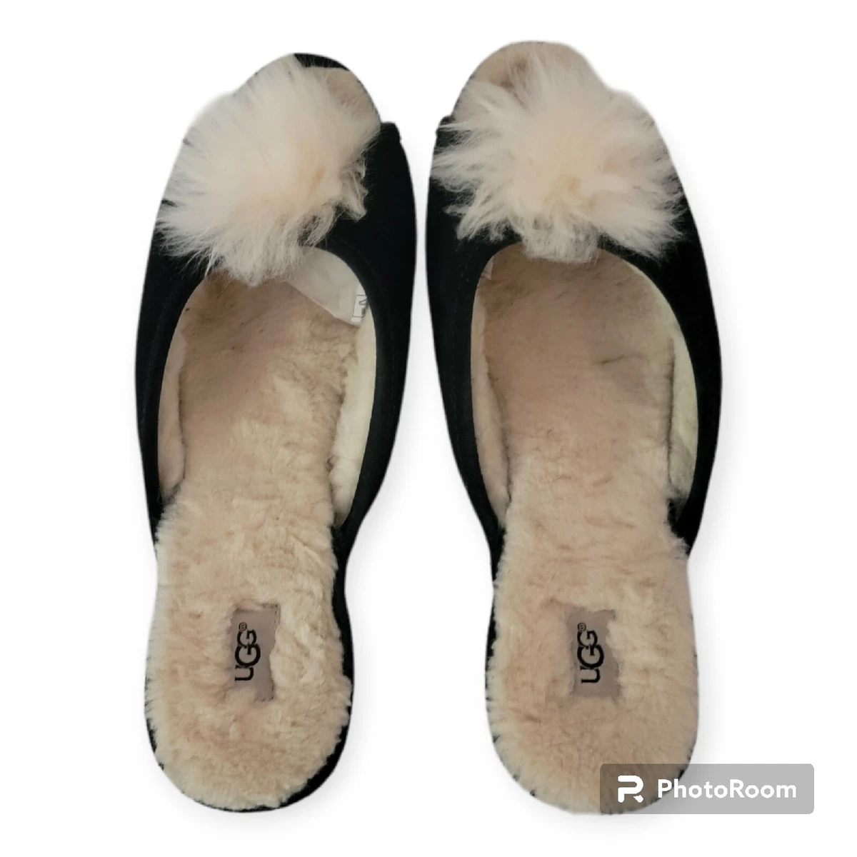UGG YVETTE POM POM BLACK SLIDE OPEN TOE SLIPPERS SIZE 12 US eBay