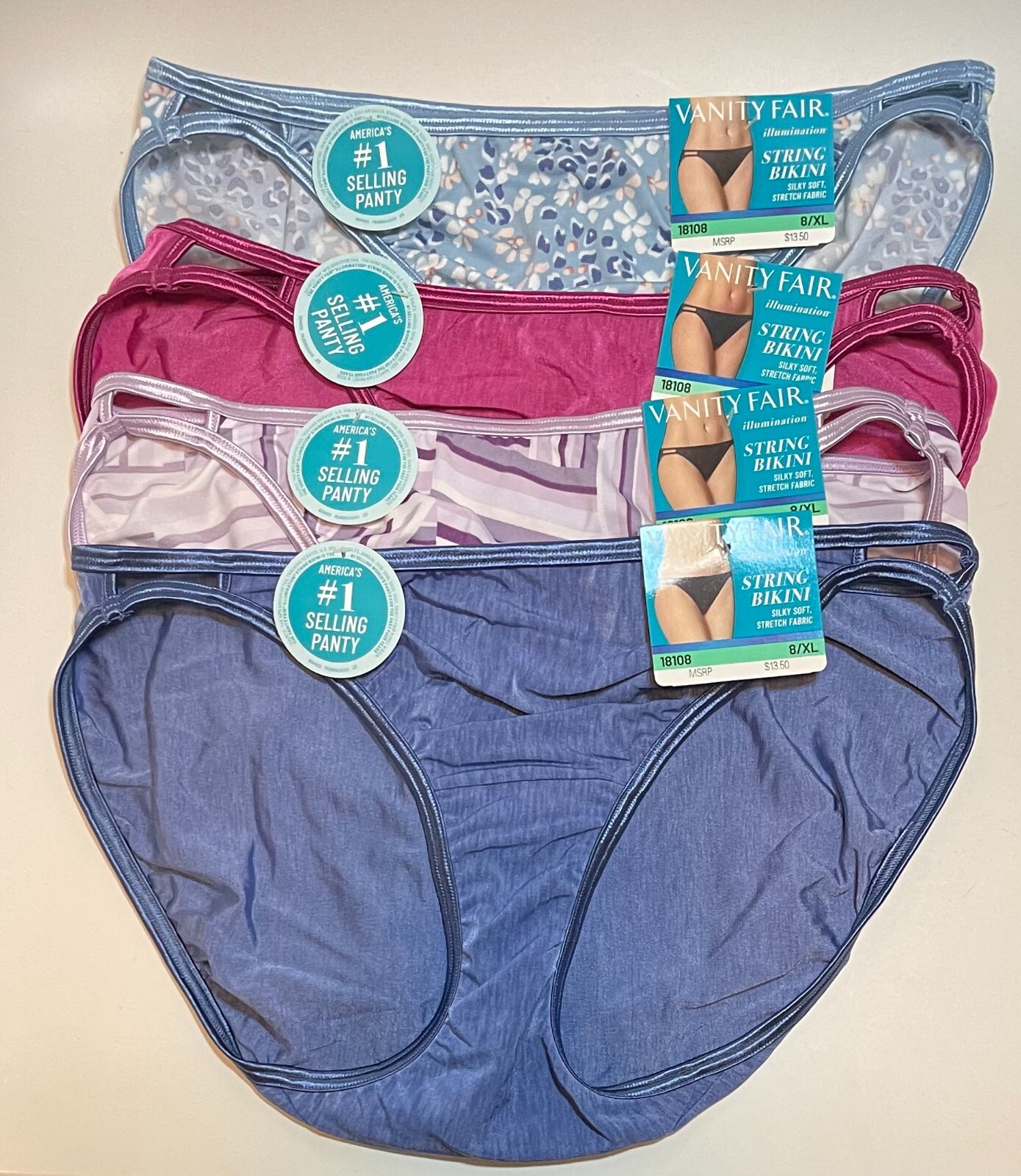 NWT 4 Vanity Fair Illumination String Bikini Panties 18108 Multi Asst