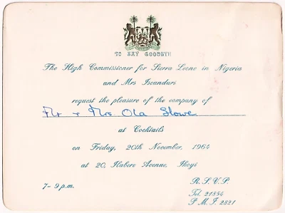 Vintage Invitation High Commissioner Sierra Leone In Nigeria Ikoyi Africa 1964 - Photo 1/2