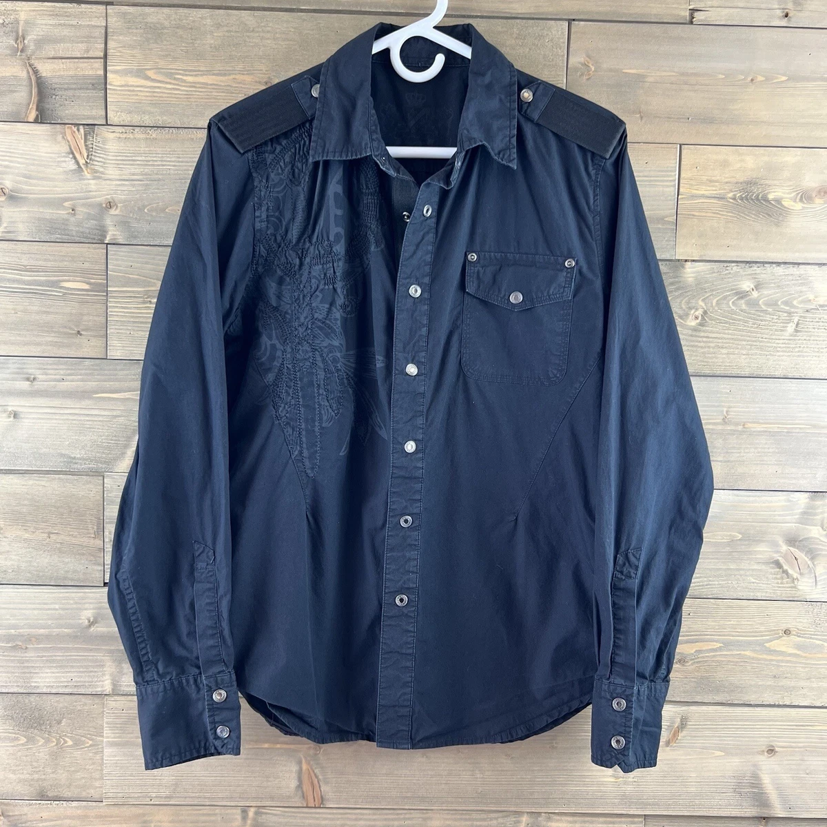 Camisa Guess Para Hombre Manga Larga Bordada a Presión Algodón Negra Talla Mediana
