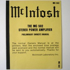 McIntosh Laboratory  Model MC 502 MC502 Stereo Power Amp Prelim Owner's Manual