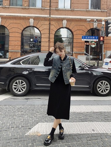 Midi Dress Denim Vest Set Women Long Sleeve Round Neck Black Velvet Size 6-14 - Picture 10 of 18