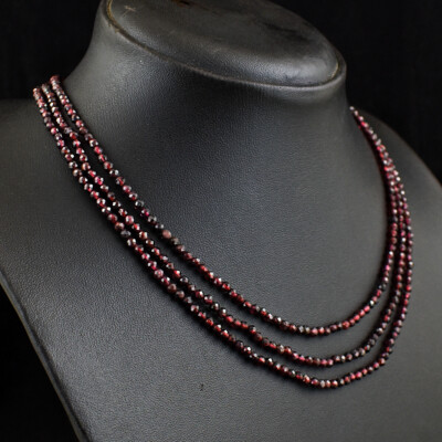 136 Cts Natural 3 Strand Red Garnet Round Shape Faceted Beads Necklace JK 45E382