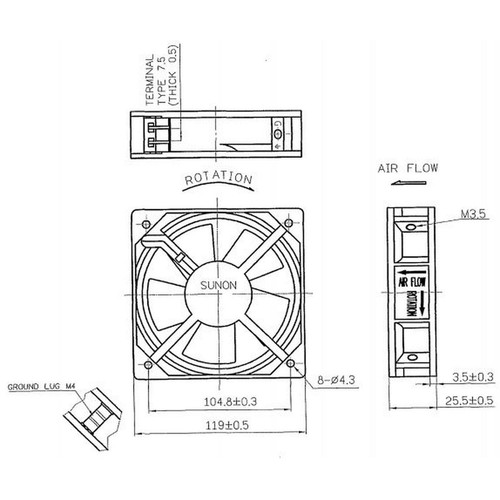 Fan Ventilateur 230V AC 19W 120x120x25mm 108,7m³/h 2000U/Min 108,7m³/h Sunon DP2 - Photo 2/3