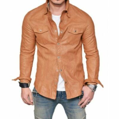 Herren hellbraunes Holz gewaschenes Shirt Jacke Leder intelligent Freizeit Lederhemde Trucker Biker