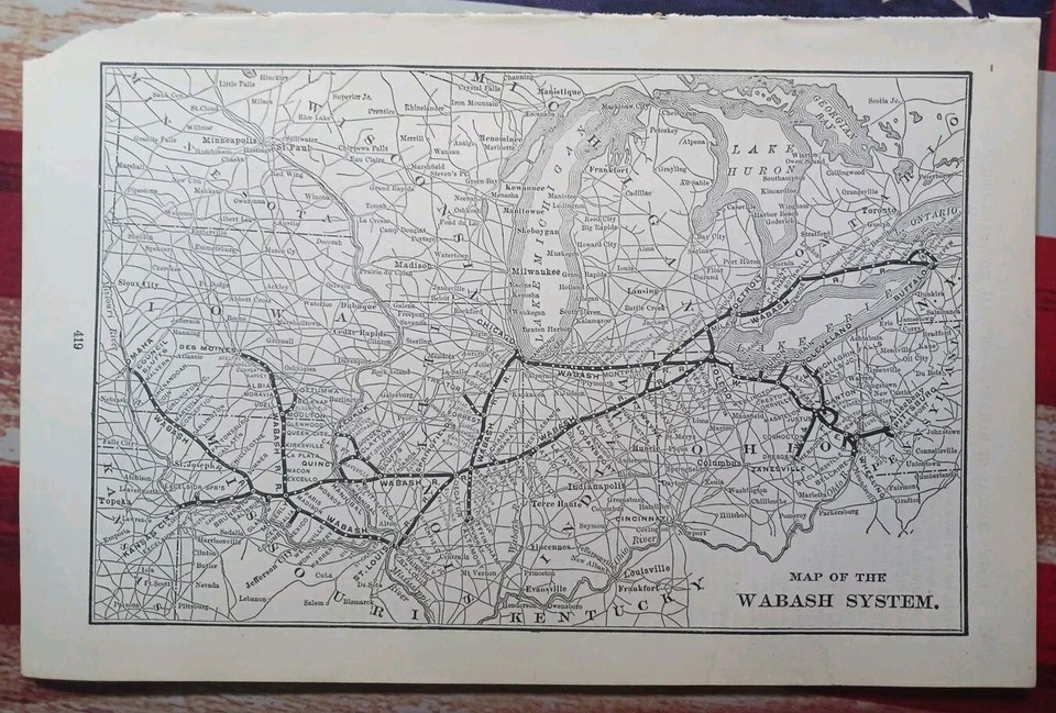 1906 Rare Train Route Map WABASH SYSTEM Railroad Zanesville Ohio