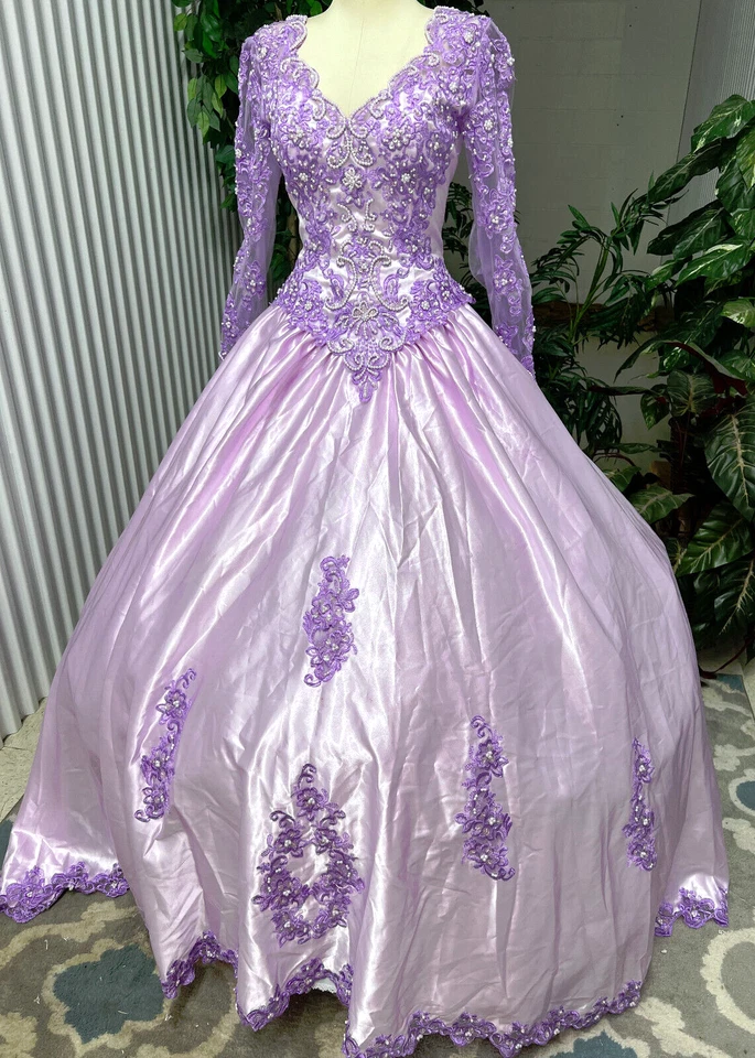 Vestido de novia teñido a mano púrpura años 80-90 vestido de baile manga larga tren talla 4 Foto 3 de 4