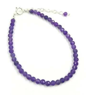 Genuine Amethyst Beads Natural Color 925 Silver adjustable Bracelet USA SELLER 
