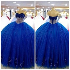 Elegant Quinceanera Dress Crystal Beads Royal Blue Folded Lace Fluffy Ball Gown