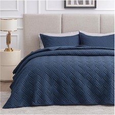Durable King Size Wave Pattern Quilt Set - Machine Washable Navy Blue Bedding