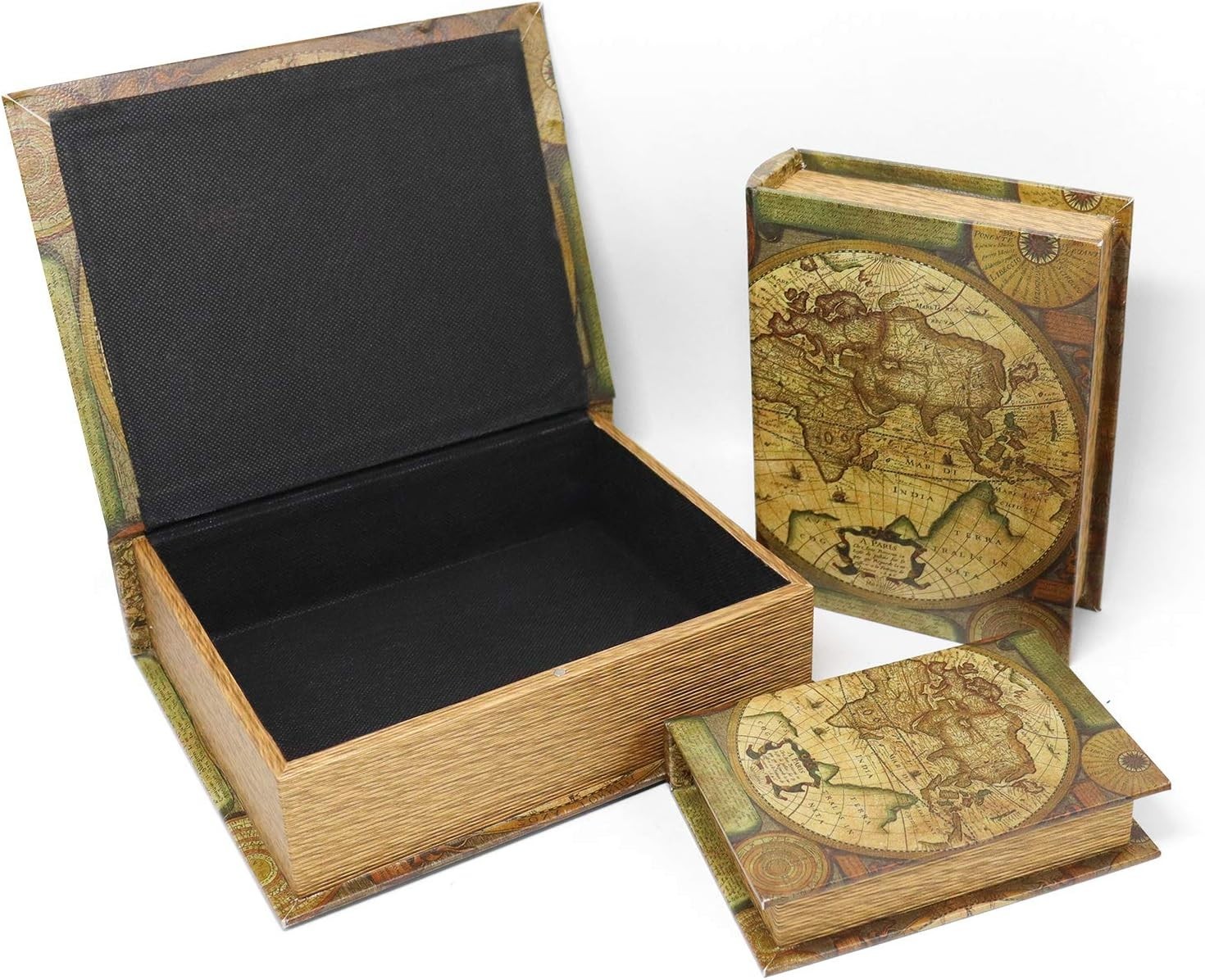 Antique World Map Decorative Book Boxes - Set of 3 with Secret Stash Compartment