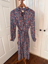 Sezane Loree Midi Dress Blue Ranch Marine Print Size 34 (XS) Long Sleeve Flared