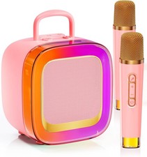 Kids Karaoke Machine, Girls Ages 3-12, 2 Light-Up Mics, Bluetooth, Pink