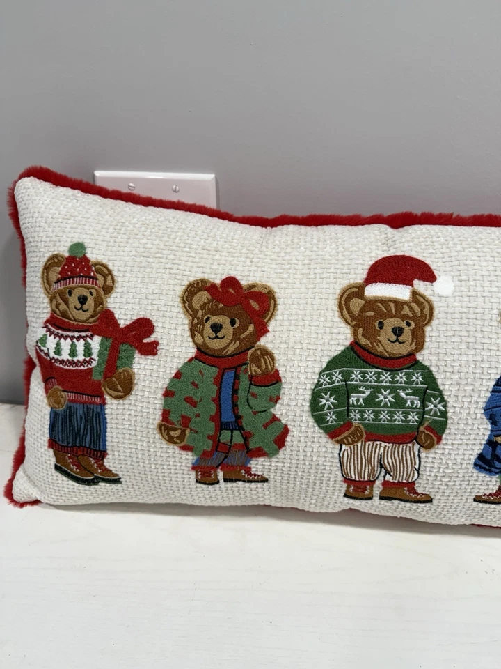 NEW Ralph Lauren Polo Bear Inspired Holiday Pillow Embroidered Teddy Bears 27x13 - Image 3 of 4