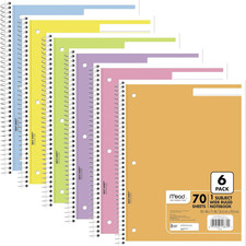 Spiral Notebook, 6 Pack, 1 Subject, Wide Ruled Paper, 7-1/2" X 10-1/2", 70 Sheet
