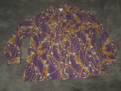 Jaclyn Smith Collection Button Up Shirt Womens XL Purple Chain Print Top
