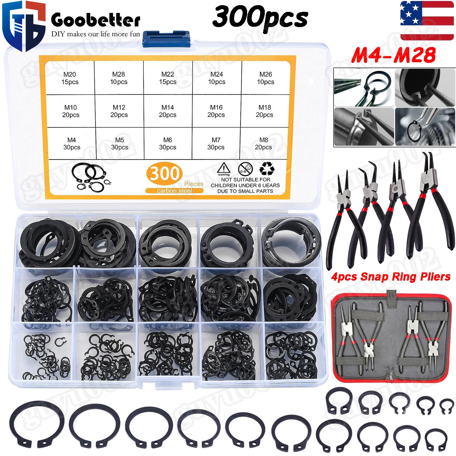 300Pcs Snap Ring External Circlip Retaining Clip Ring Set + 4Pcs Snap Ring Plier