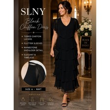 SLNY Black Tiered Chiffon Dress NWT Size 6 S Elegant Rhinestone Shoulder Detail