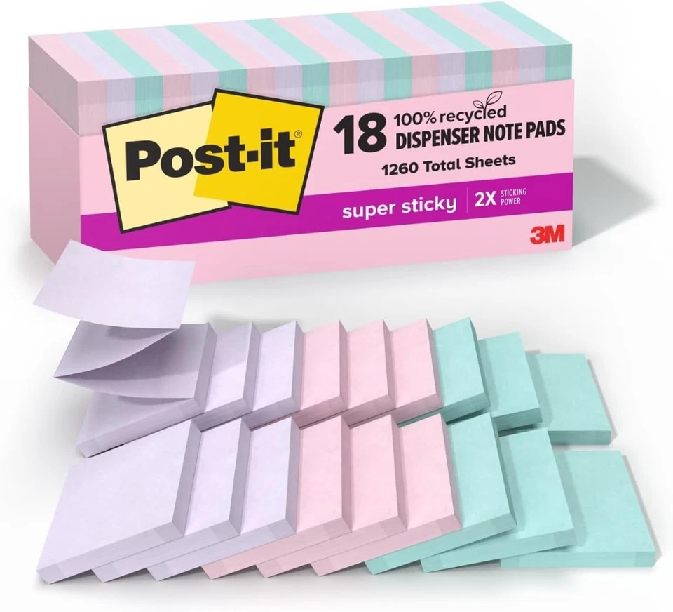 Vibrant 100% Recycled Paper Super Sticky Notes - 18 Pads 3" x 3" in Pastels - Image 3 of 4