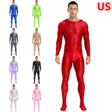US Men's See Through Sexy Full Body Bodysuit Mock Neck Footed One Piece Clubwear