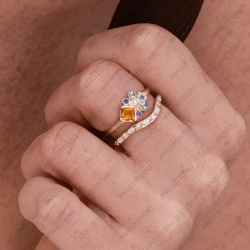 Real Citrine, Aquamarines, Blue Sapphires & Diamond Cluster Band Ring 14k Gold - Picture 5 of 9