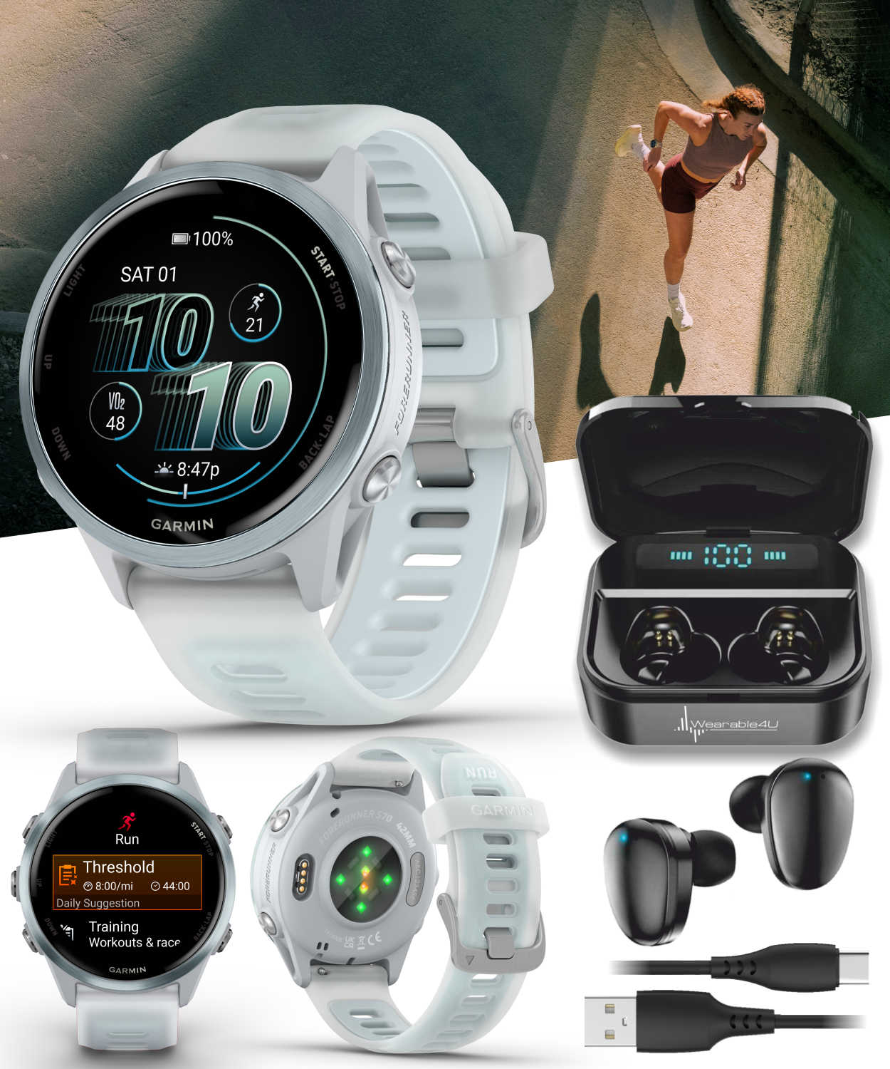 Garmin Forerunner 570 42mm GPS Running Smartwatch in Blue with Black Earbuds-image